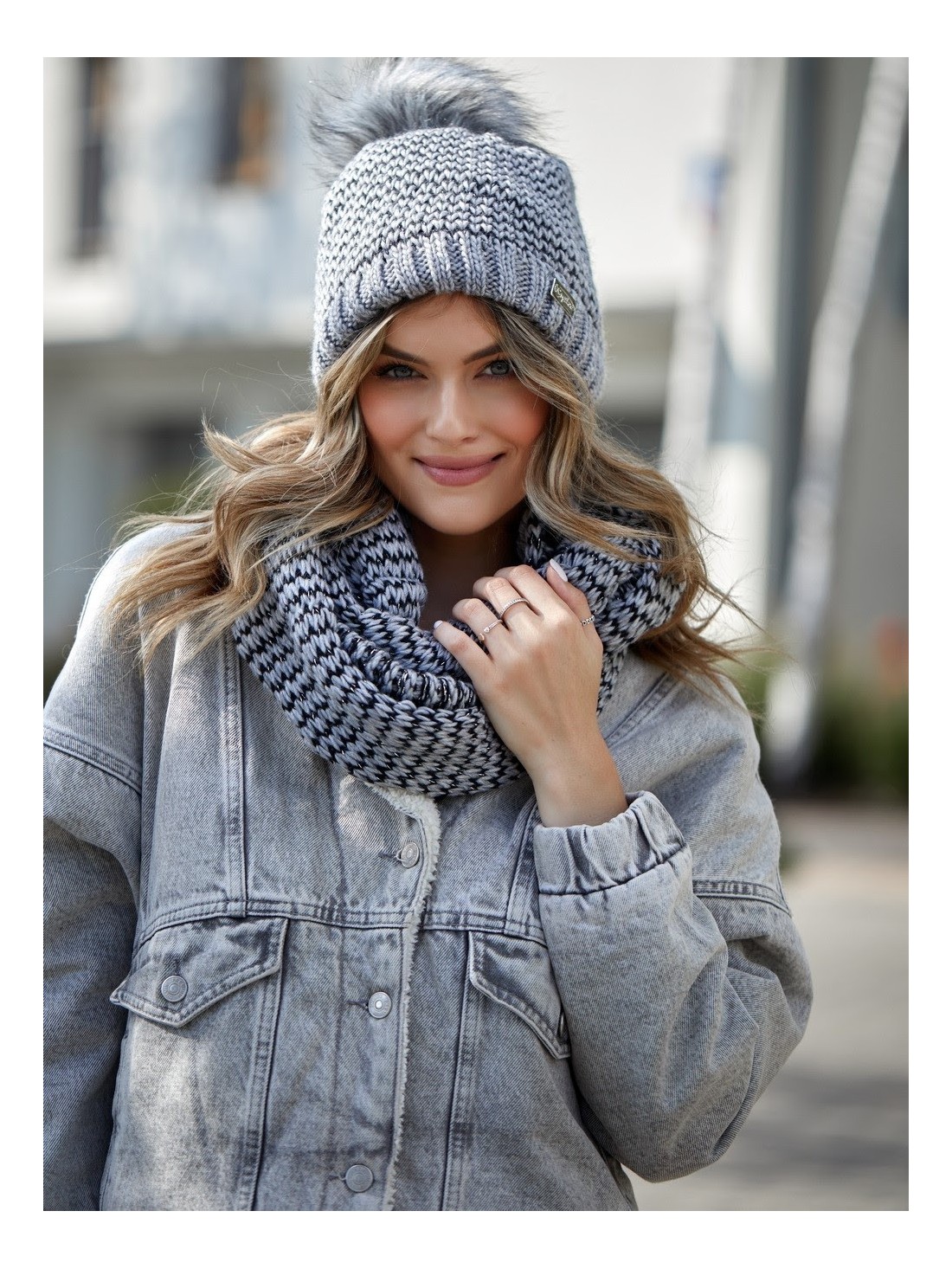 Herringbone winter hat set with snood, dark gray C45 - Online store - Boutique